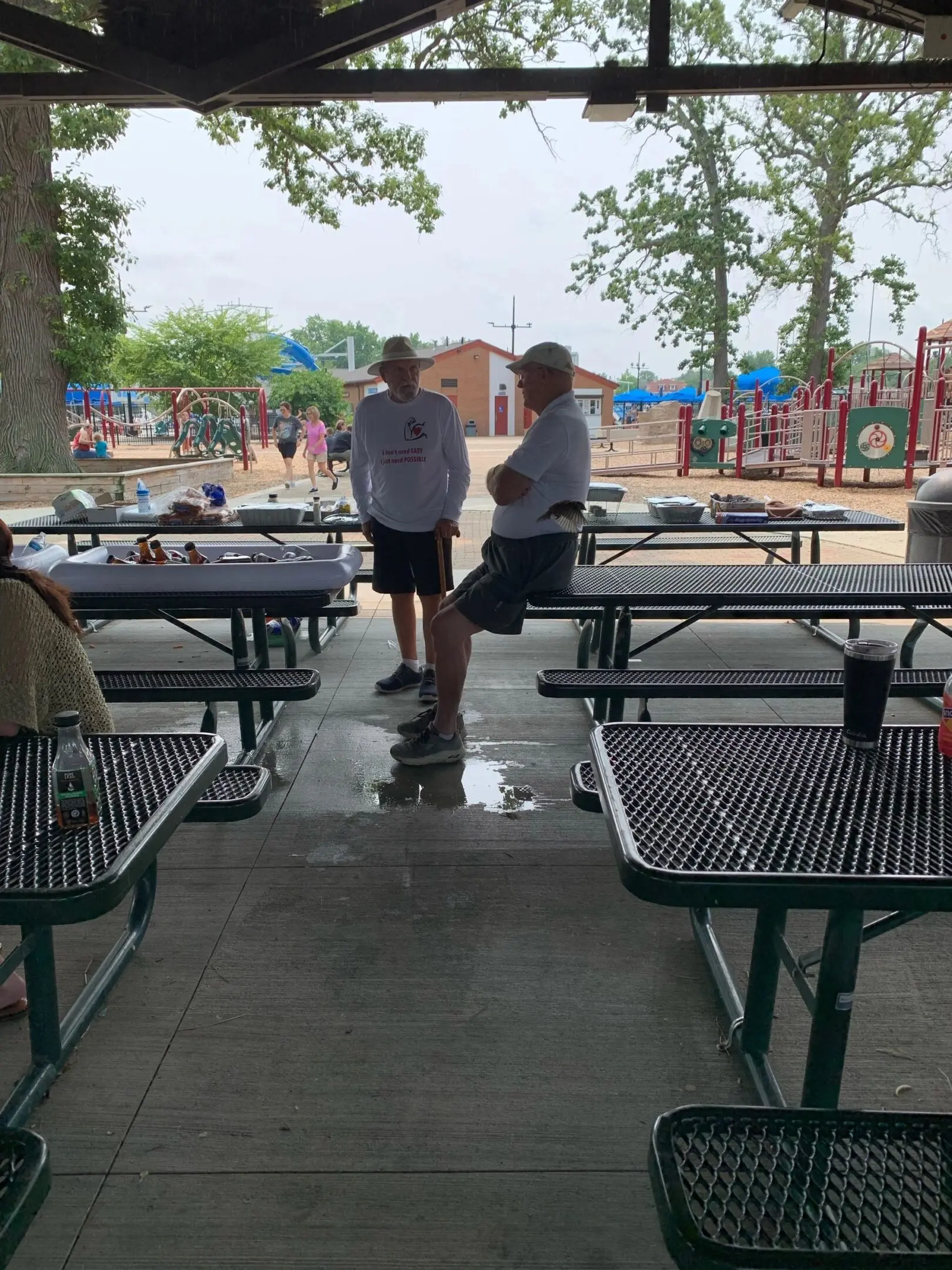 People conversing at outdoor picnic shelter
