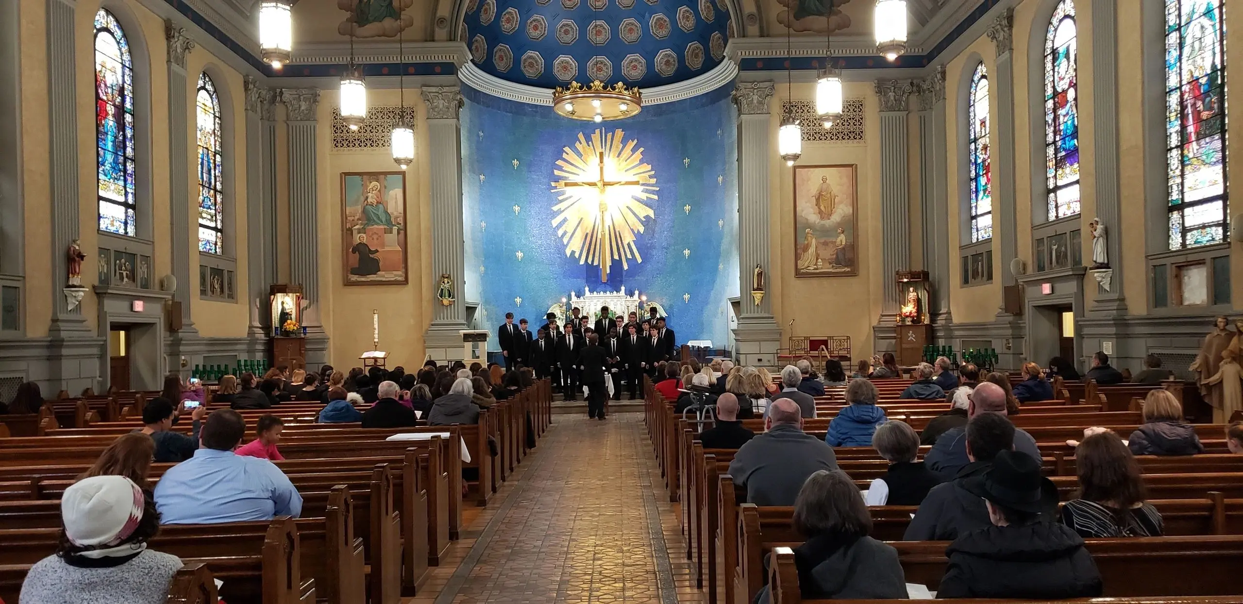 Church interior with people attending service